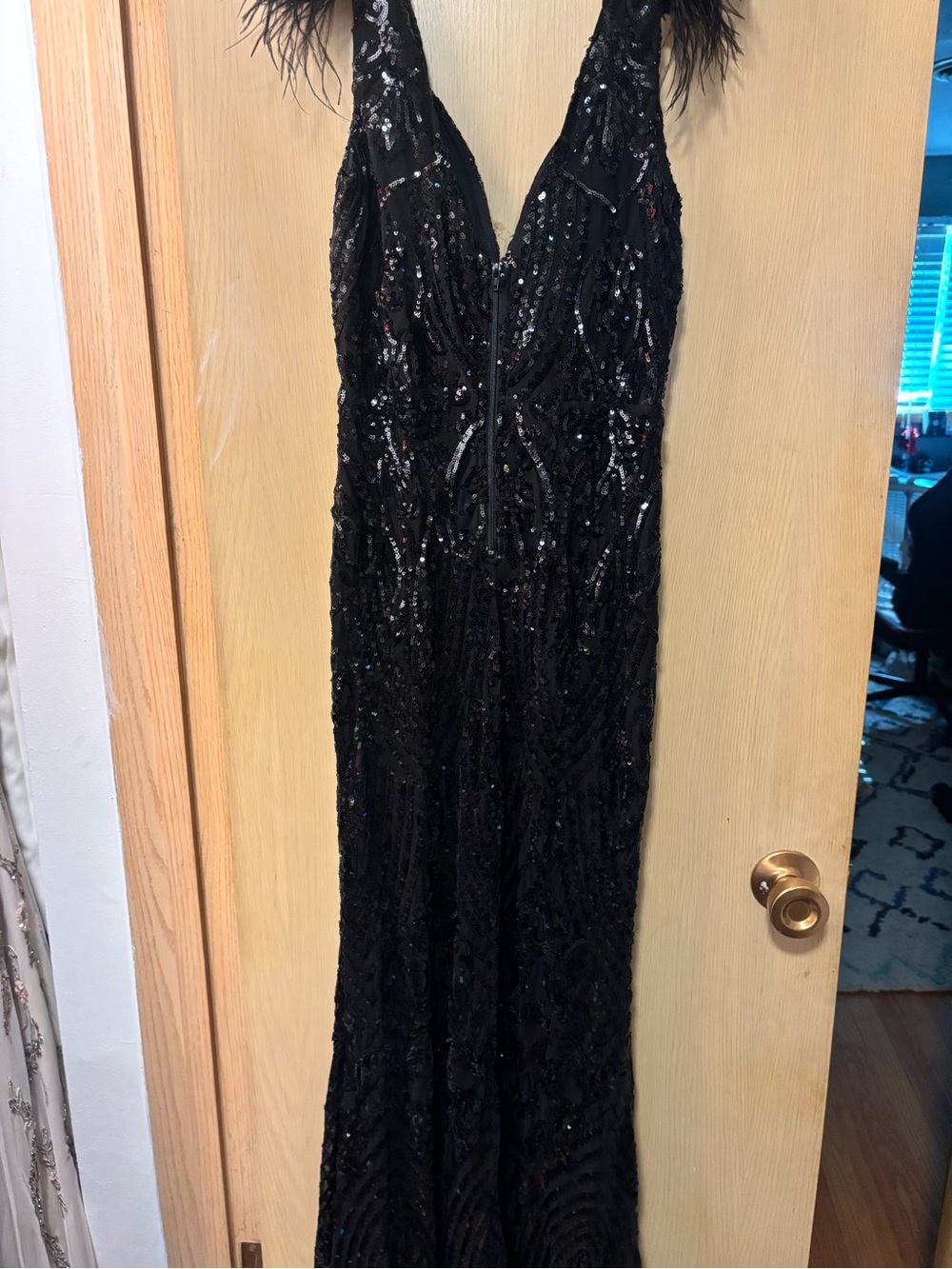 Windsor Black Sequin Feather Trim Prom Dress